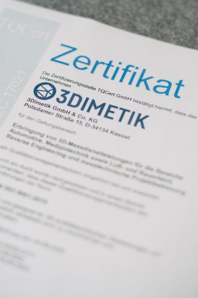 Zertifikat Messtechnik Norm 3DIMETIK